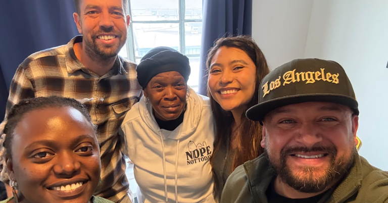 Linda Wright, center, poses with the Cru Inner City Los Angeles team. Clockwise from front left, Londa Bradshaw, David Urquhart, Paola Resendiz and Jefte Villalta.