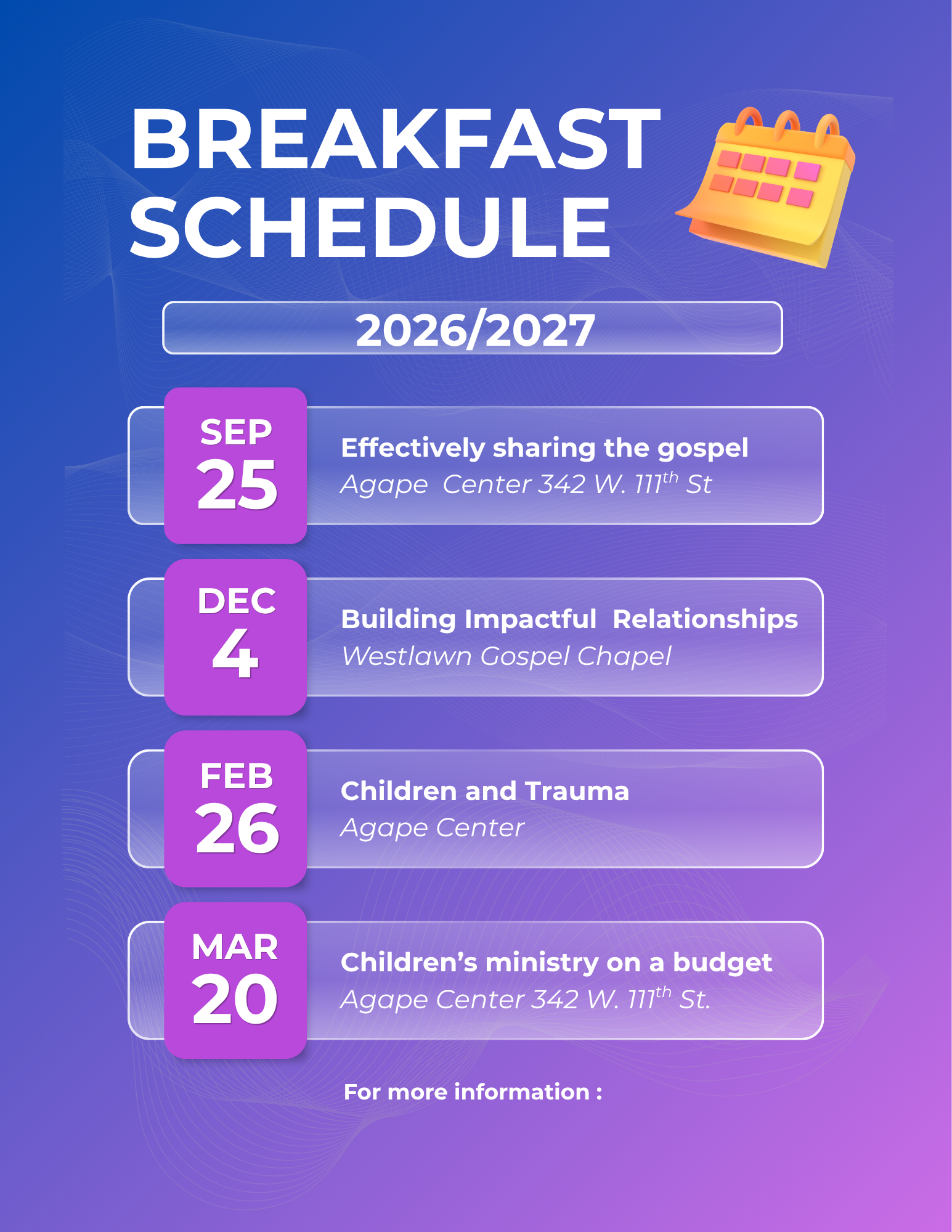 Breakfast Schedule, 2026-27